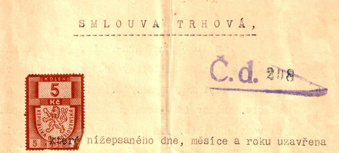 Detail trhové smlouvy z roku 1939 s dobovým kolkem a razítkem